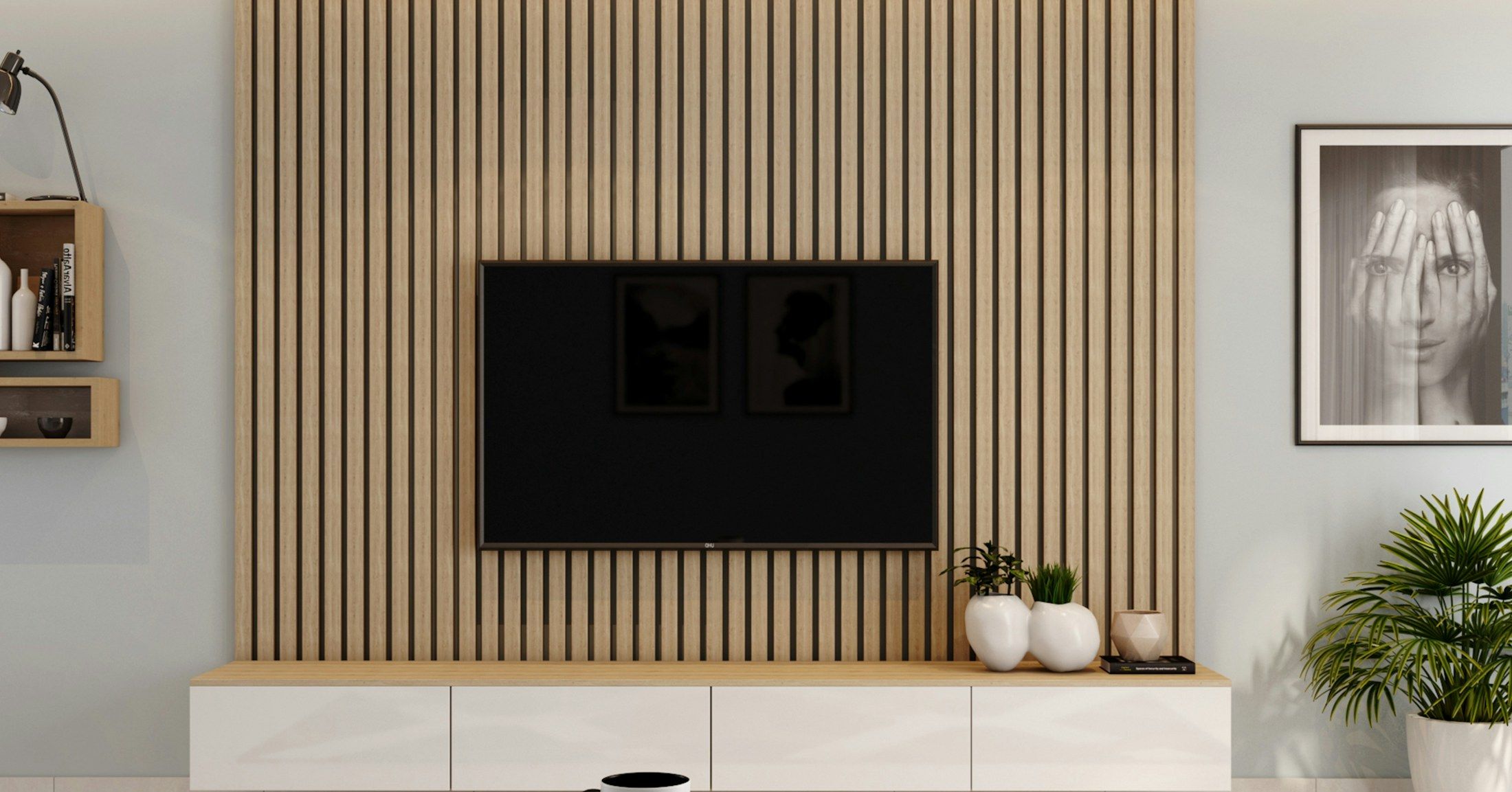 Painel de TV em ripado de madeira numa sala moderna